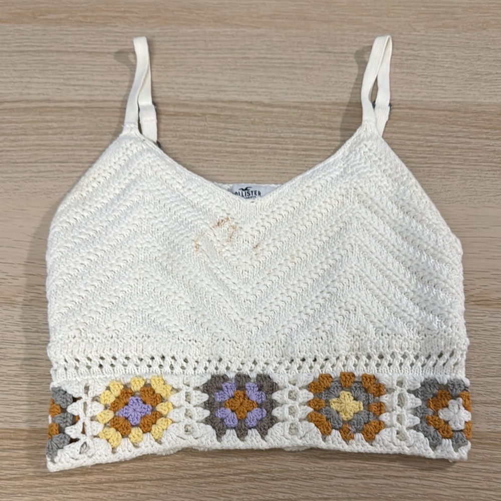 Hollister White and Yellow Cropped Embellished Tank Top